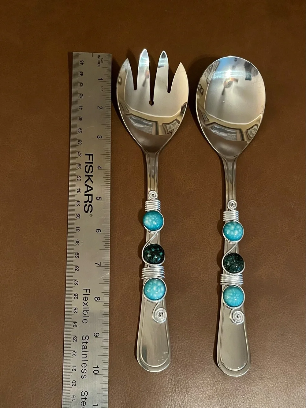 Wild Eye Designs Stainless Salad Servers Spoon and Fork w/ Blue Gem Stones